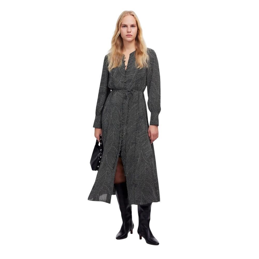 Madewell Black Dot Midi Dress XS Long Sleeve Tie Waist Work to Weekend